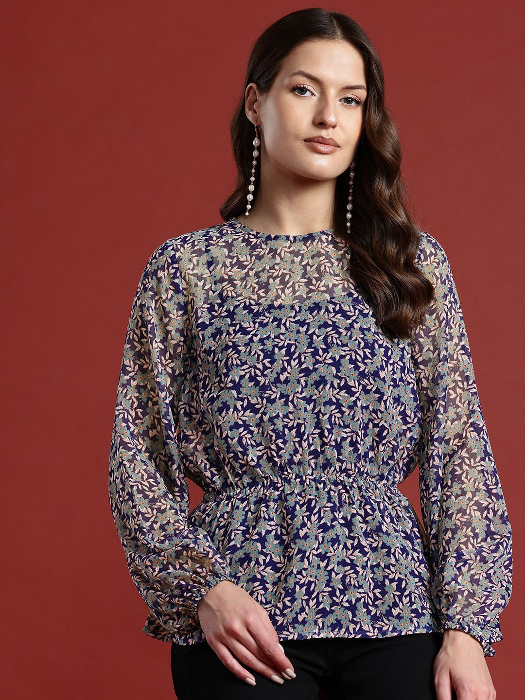 all about you Floral Print Sheer Cinched Waist Top