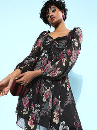 Athena Women Stylish Black Floral Sweetheart Neck Dress