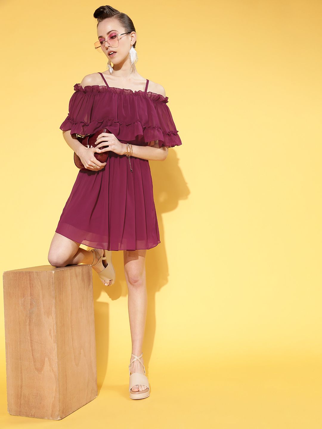 Athena Women Deep Burgundy Solid Feminine Frills Dress