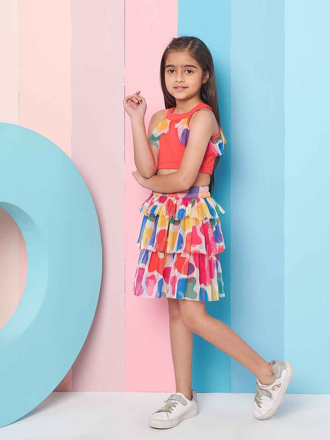 pspeaches Girls Round Neck Ruffled Top with Skirt