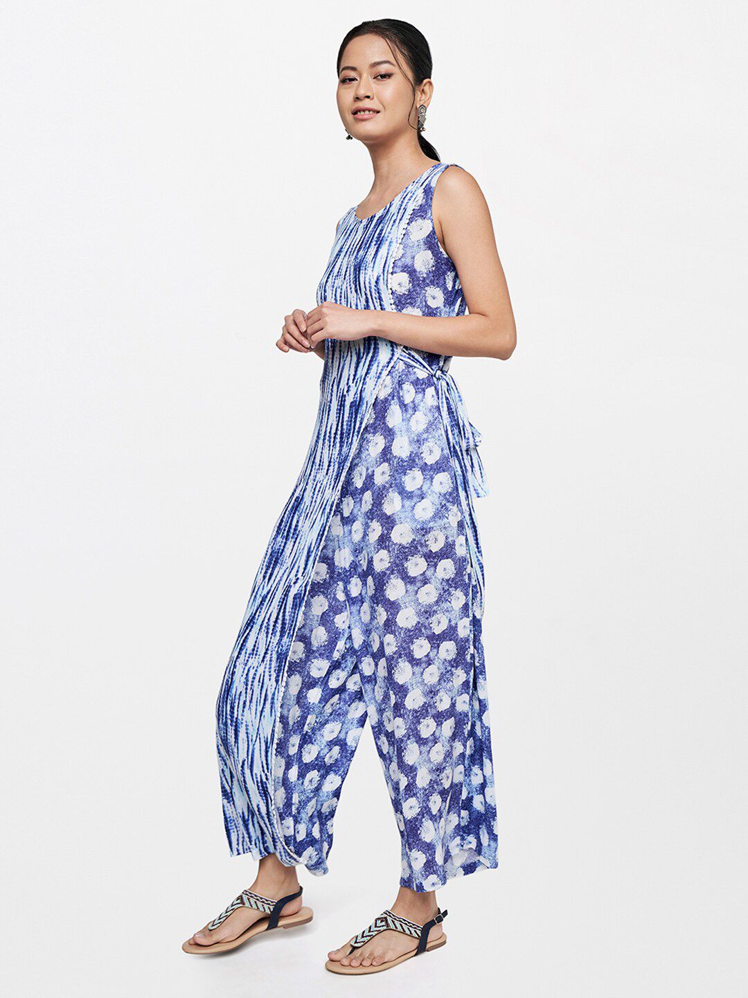 Global Desi Blue & Off White Printed Basic Jumpsuit