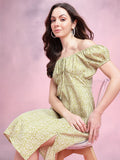 DressBerry Abstract Printed Off-Shoulder Puff Sleeve Empire Dress with Slit Detail
