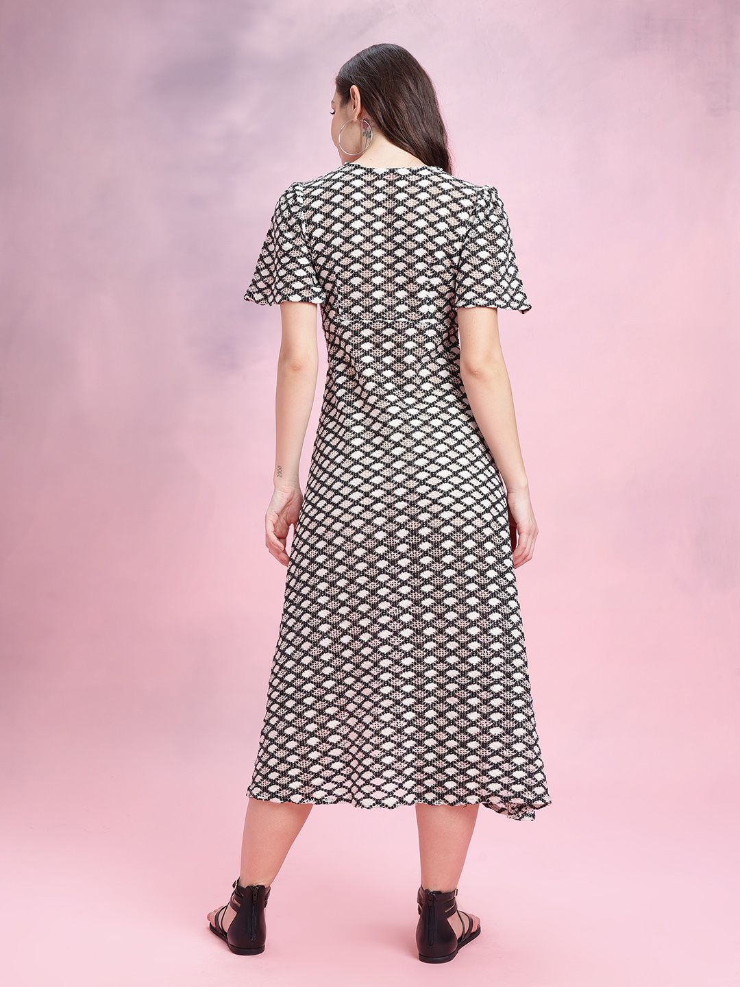 DressBerry Flared Sleeve Crochet A-Line Midi Dress