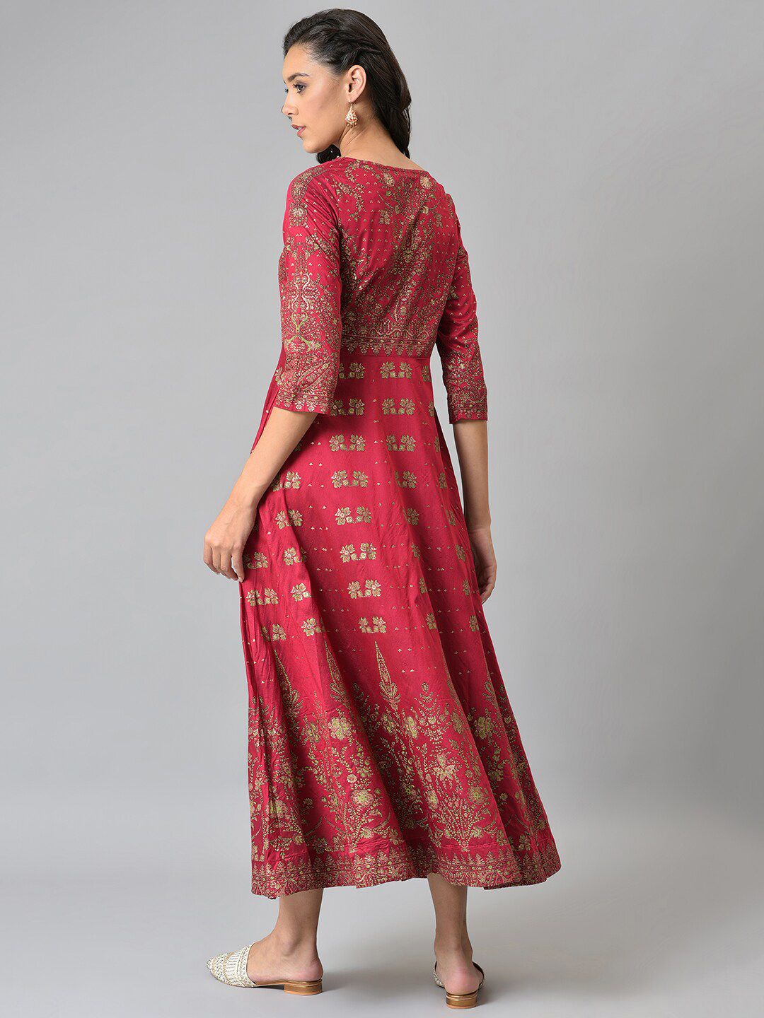 W Red Ethnic Motifs Keyhole Neck Chiffon Ethnic Maxi Dress