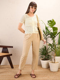 SASSAFRAS Self Design Round Neck Crochet Shirt Style Top