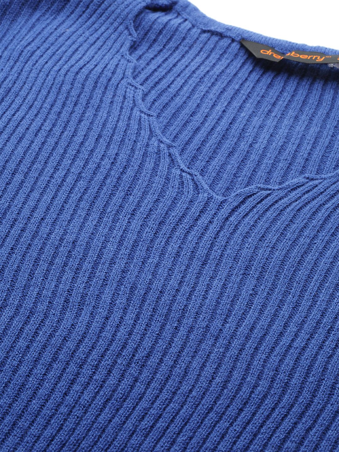 DressBerry Women Blue Ribbed Pullover