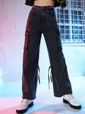 SASSAFRAS Women Black Straight Fit High-Rise Stretchable Cargo Jeans