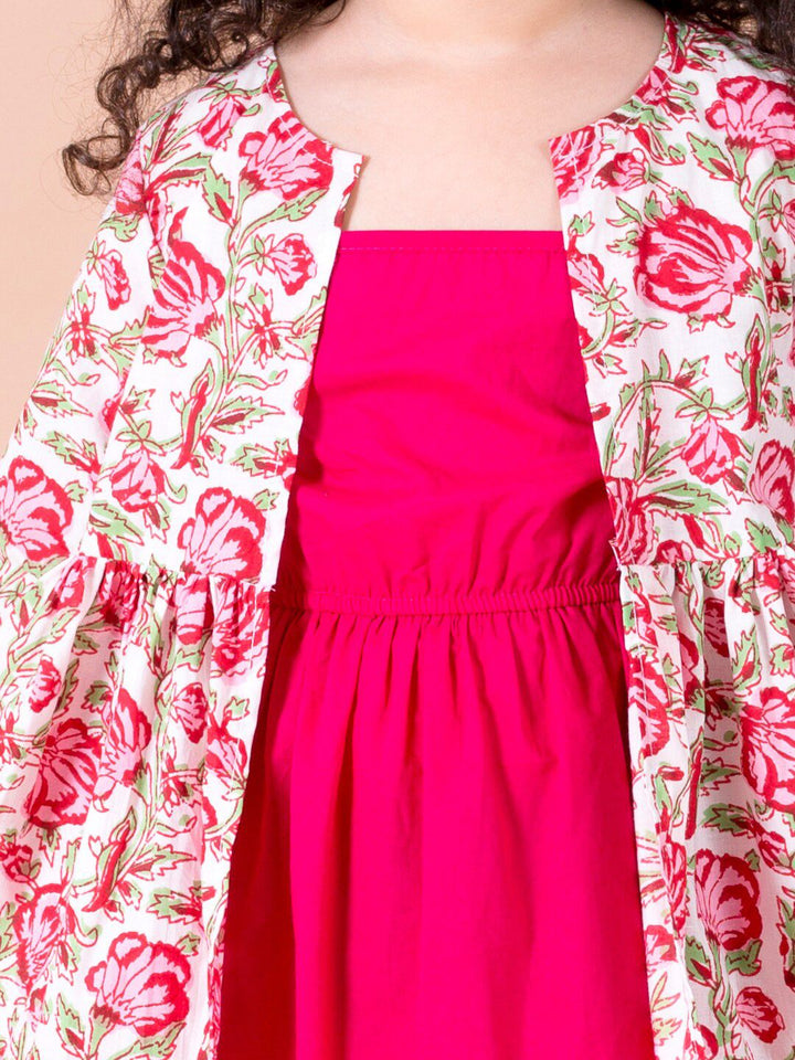 pspeaches Magenta & White Floral A-Line Cotton Dress with Attached Shrug