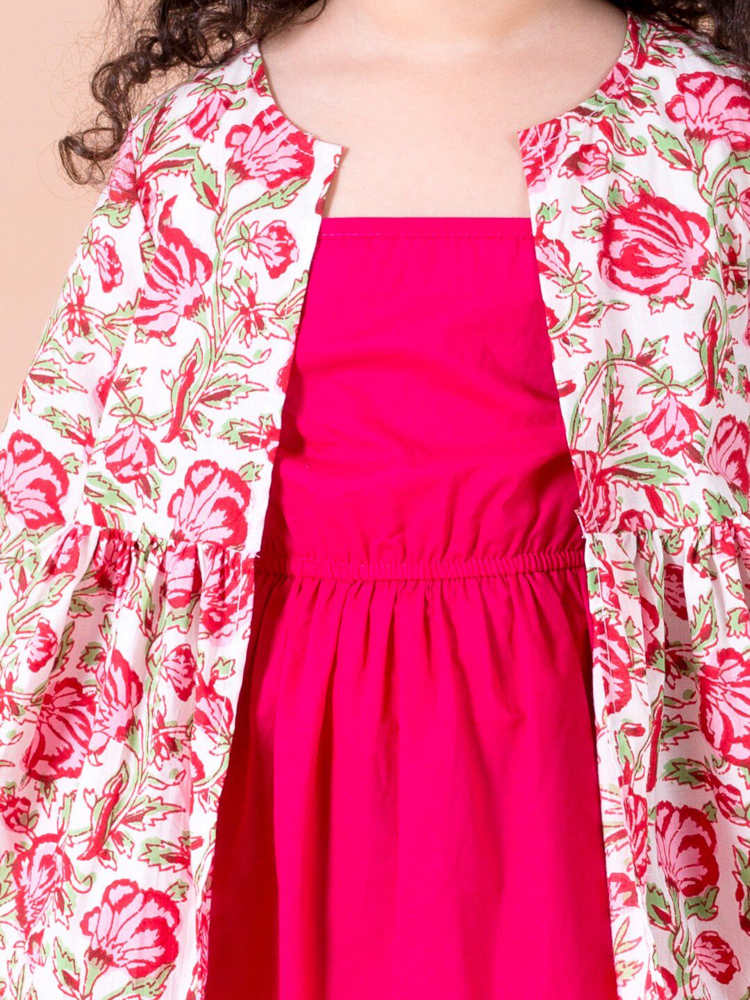 pspeaches Magenta & White Floral A-Line Cotton Dress with Attached Shrug