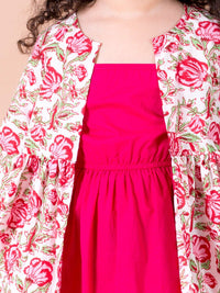 pspeaches Magenta & White Floral A-Line Cotton Dress with Attached Shrug