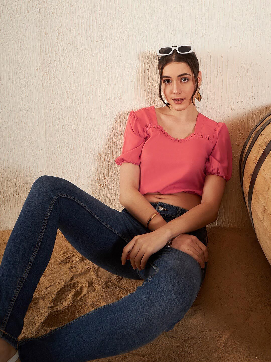 DENNISON Puff Sleeve Crepe Blouson Crop Top