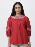 W Embroidered Puffed Sleeves Top