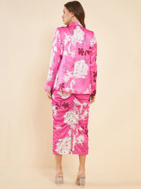 Antheaa Pink Floral Printed Shoulder Straps Gathered Ruched Sheath Midi Dress & Blazer