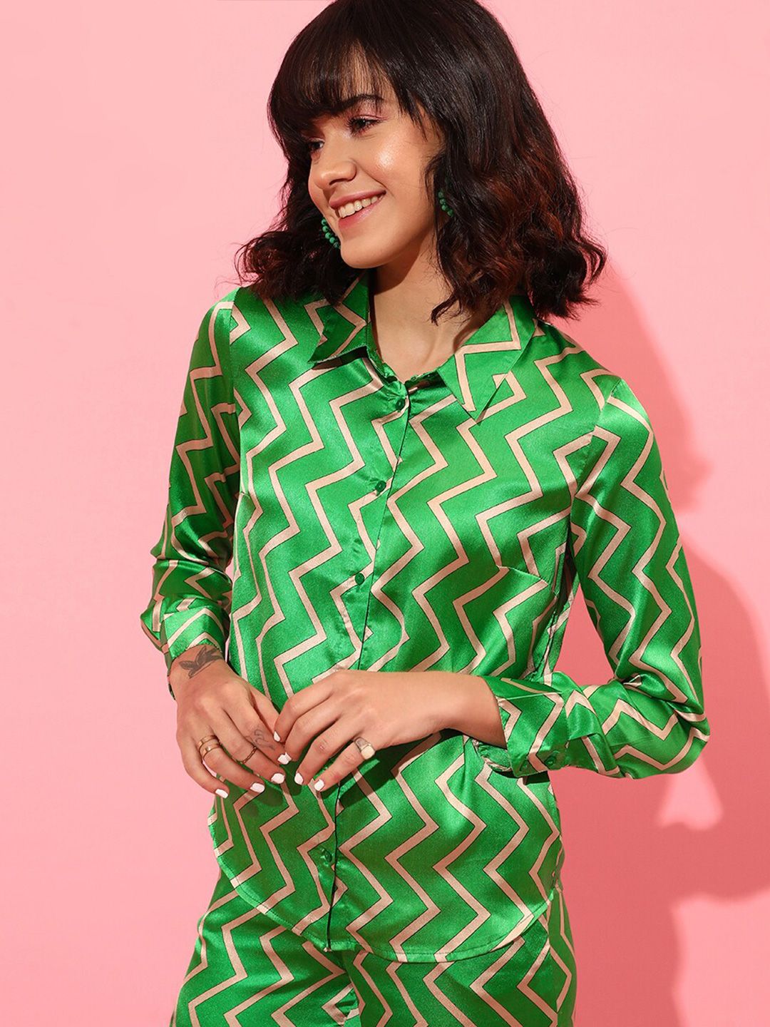 STREET 9 Chevron Printed Casual Satin Shirt