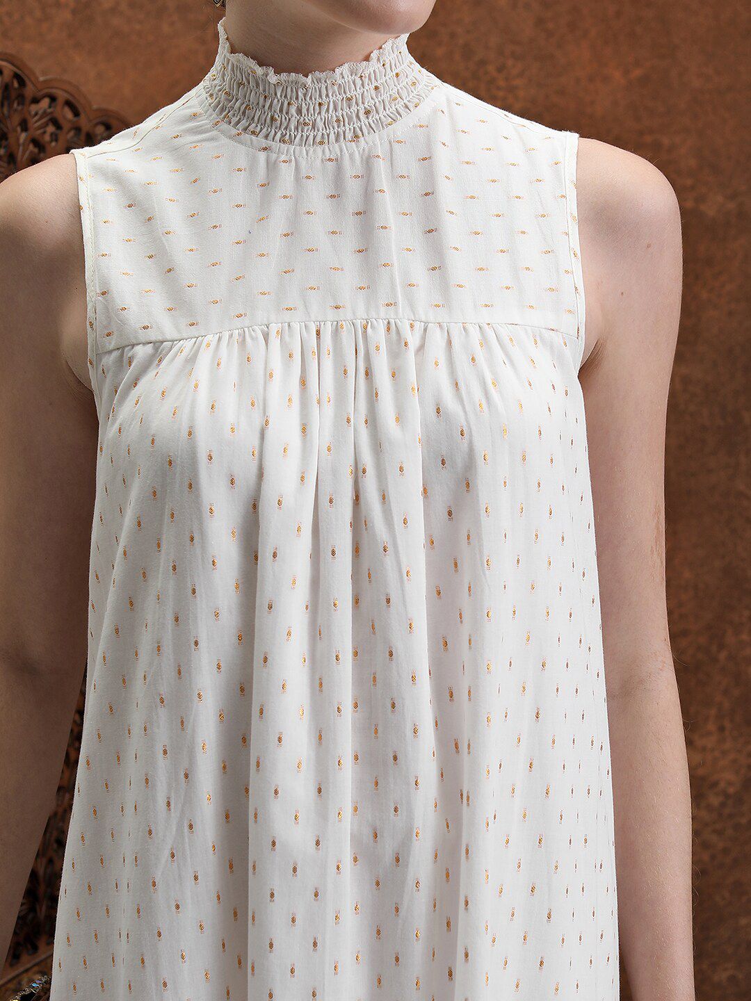 Vishudh Women Solid High Neck Ruffles A-Line Dress