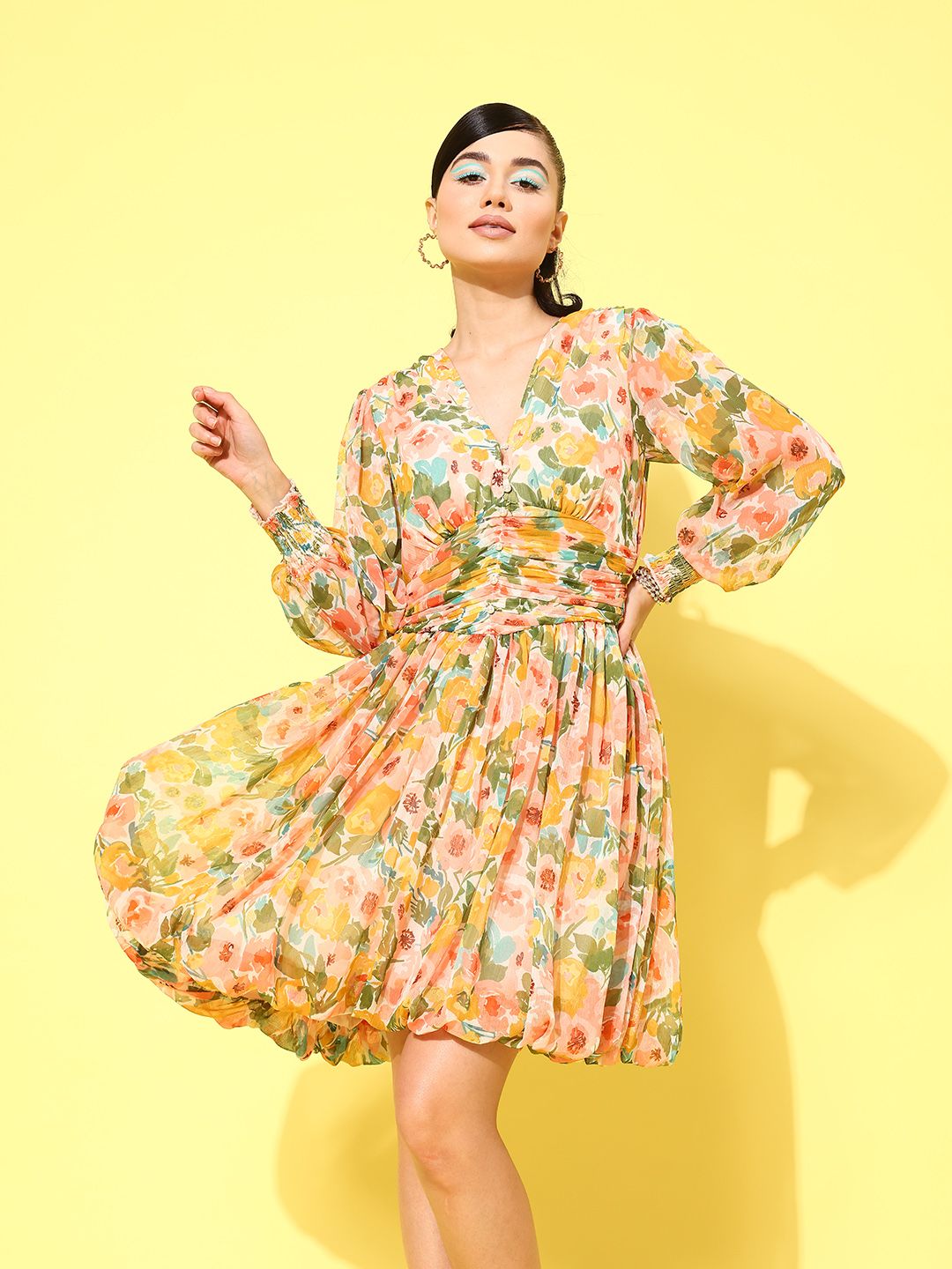 Antheaa Floral Print Puff Sleeve Chiffon A-Line Dress