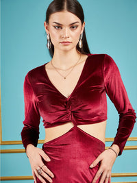 SASSAFRAS Maroon V-Neck Long Sleeves Cut Out Velvet Sheath Midi Dress