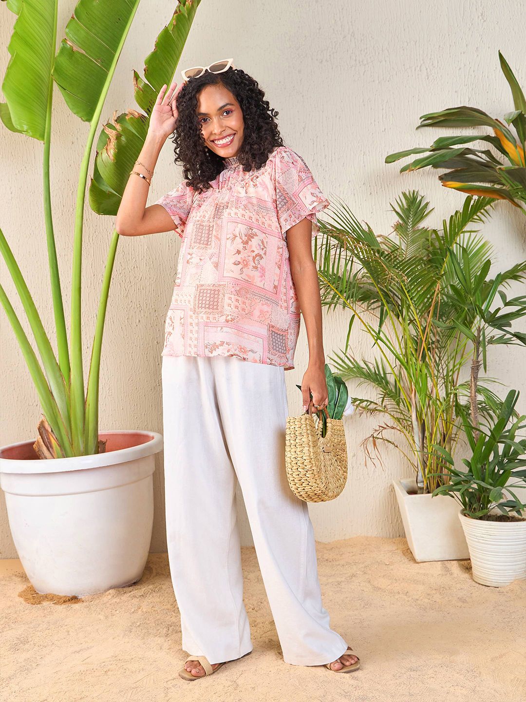 SASSAFRAS Peach-Coloured Floral Printed High Neck Flutter Sleeve Georgette Top