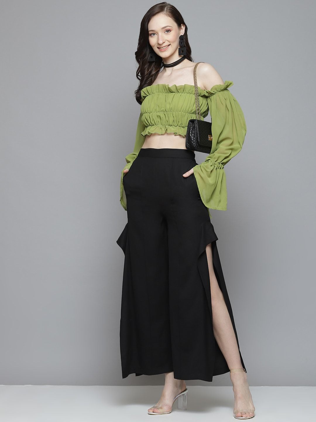 SASSAFRAS Green Halter Neck Georgette Blouson Crop Top