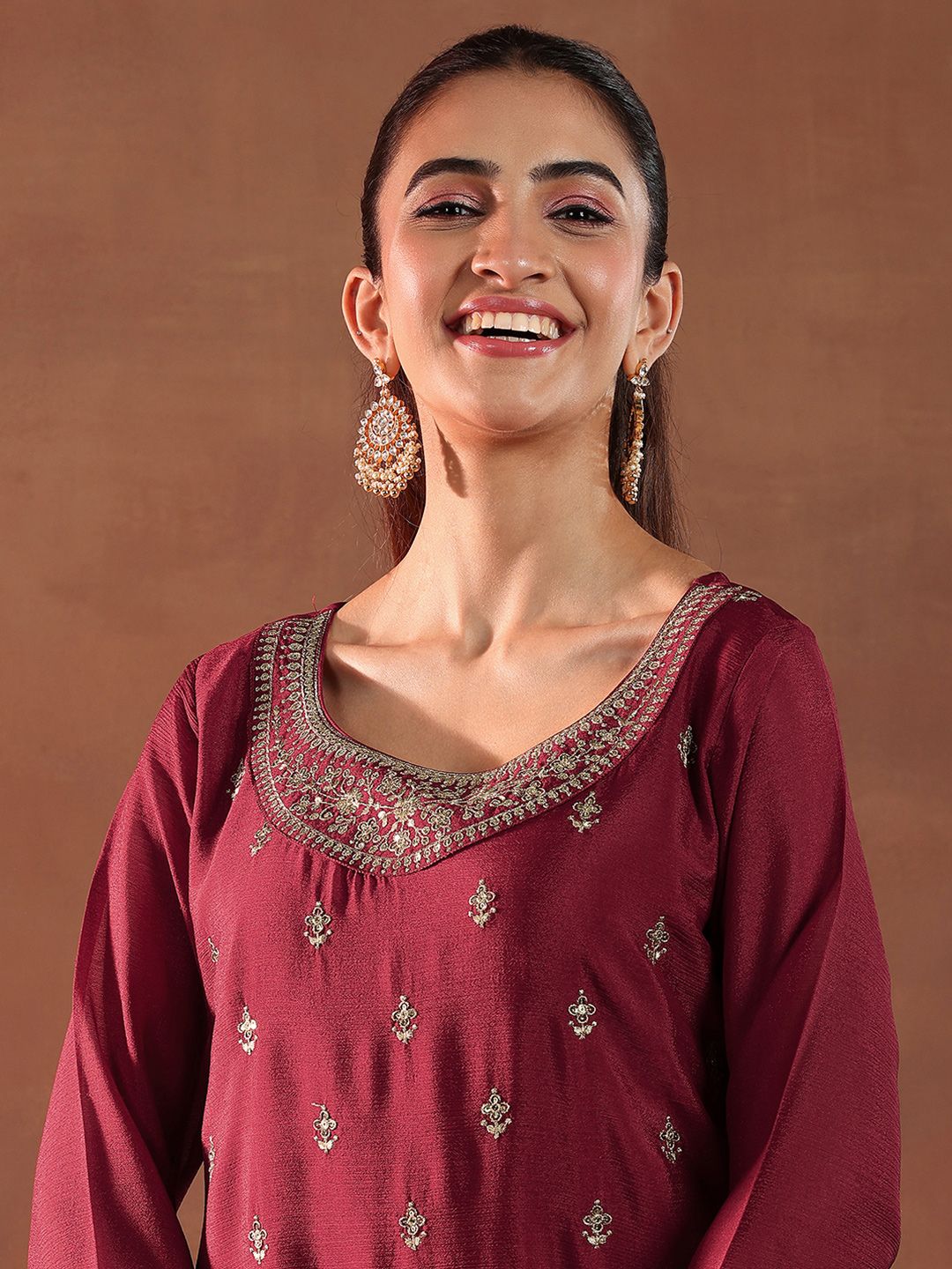 Libas Floral Embroidered Sequinned Straight Kurta with Palazzos & Dupatta