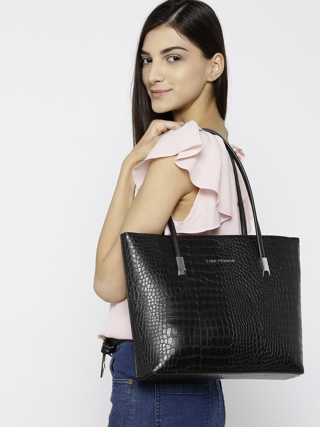 Lino Perros Black Croc Textured Laptop Bag