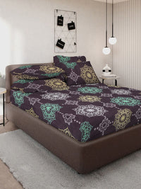 KLOTTHE Black Ethnic Motifs Printed 300TC Fitted Double King Bedsheet With 4 Pillow Cover