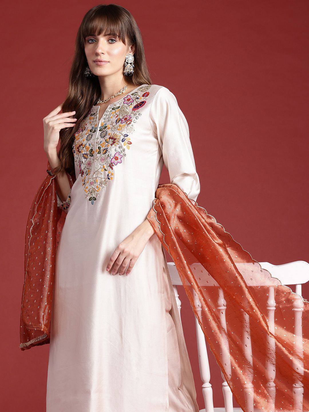 Indo Era Ethnic Motifs Embroidered Thread Work Liva Kurta With Trousers & Dupatta