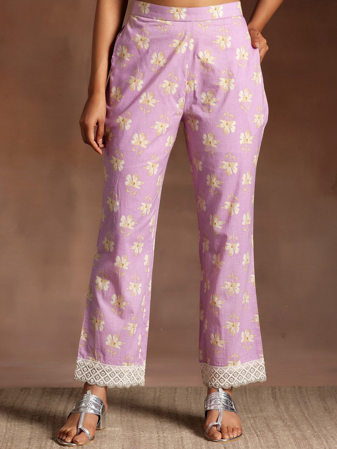 Libas Floral Printed Panelled Thread Work Pure Cotton A-Line Kurta With Trousers & Dupatta