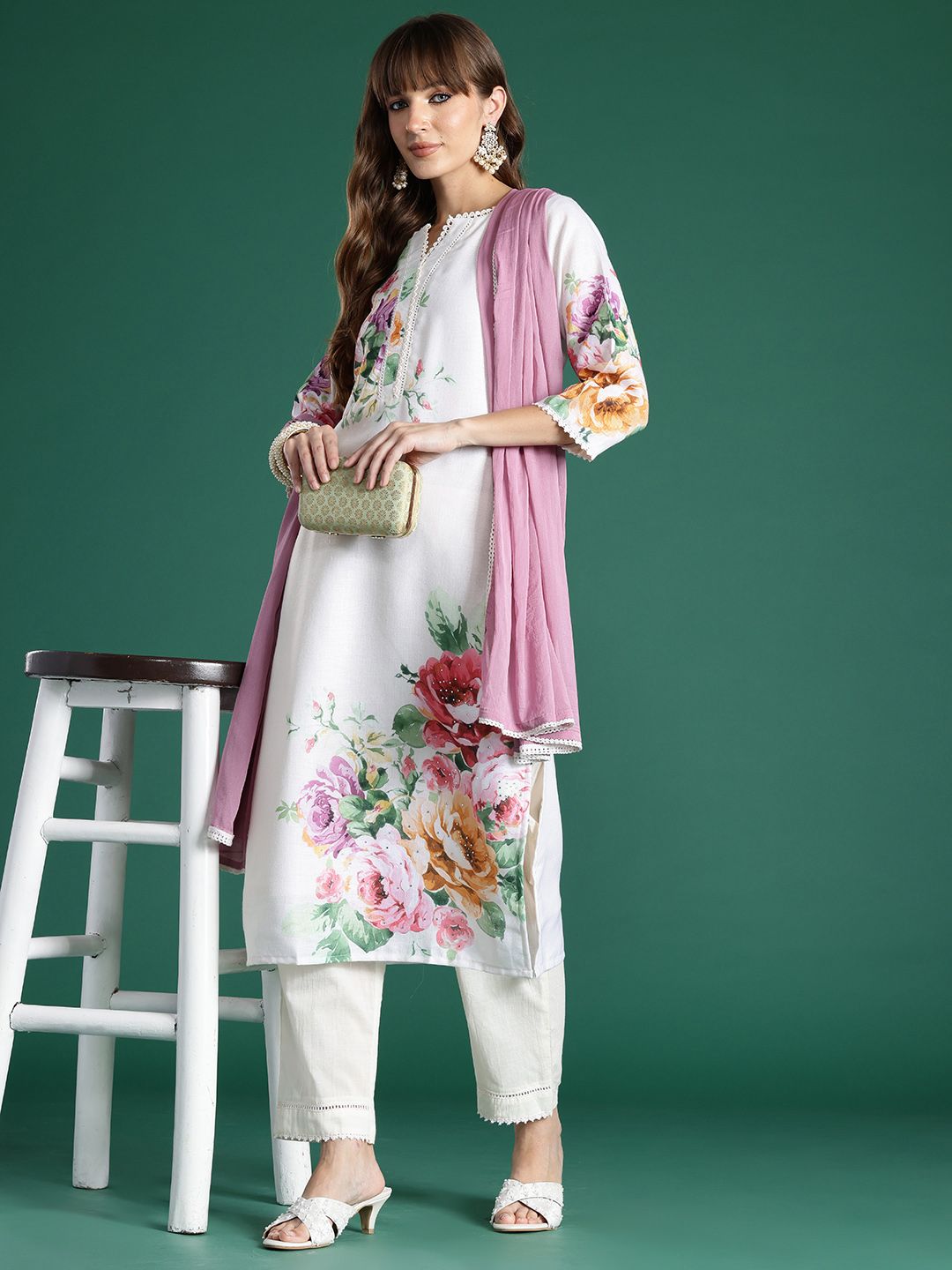 Indo Era Floral Printed Beads and Stones Linen Kurta with Trousers & With Dupatta