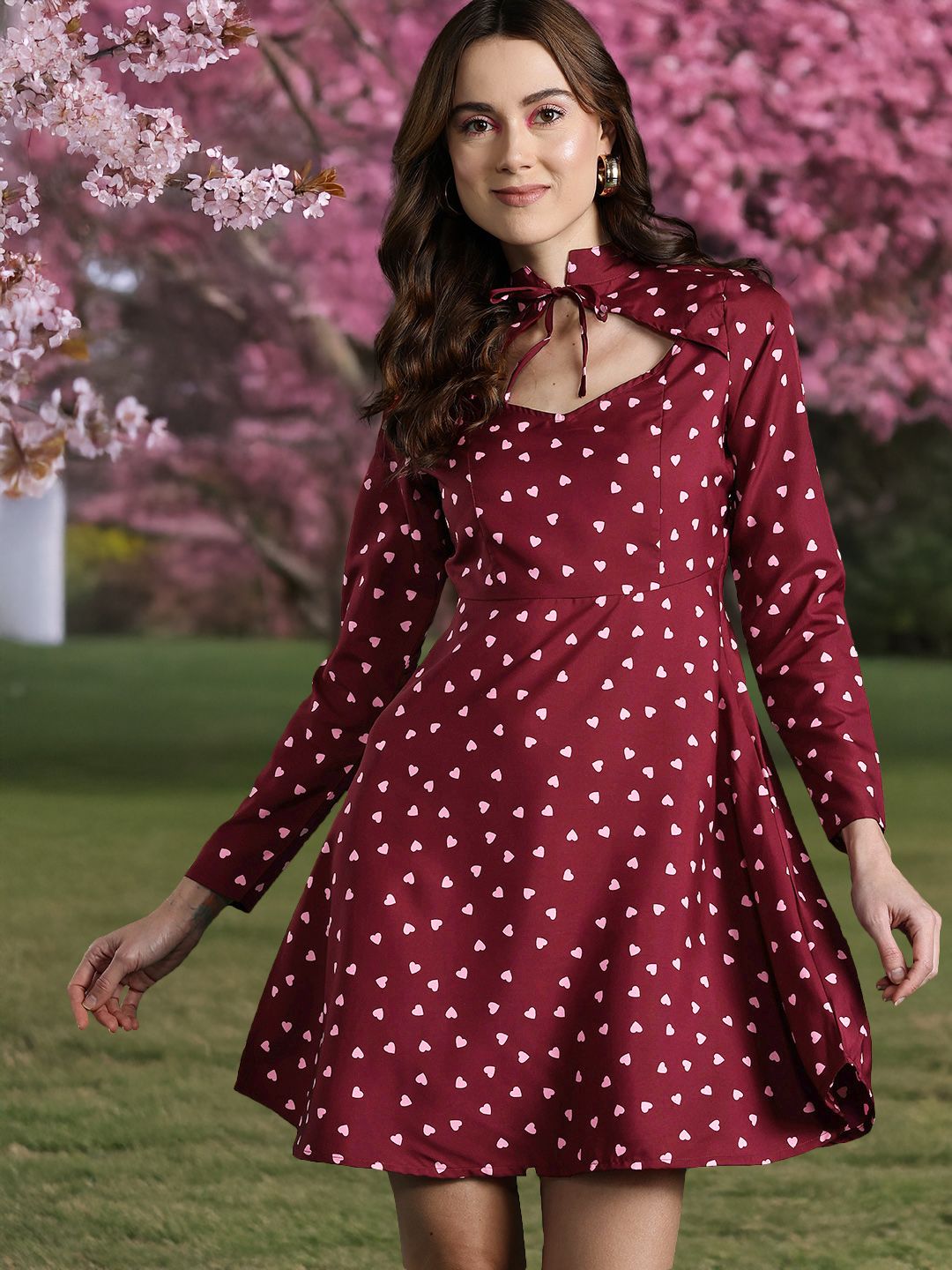 DressBerry Print Tie-Up Neck A-Line Mini Dress