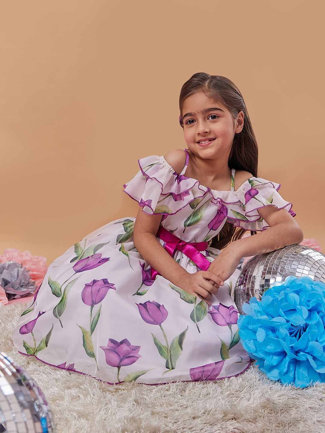 pspeaches Girls Floral Printed Cold-Shoulder Bow Fit & Flare Midi Dress