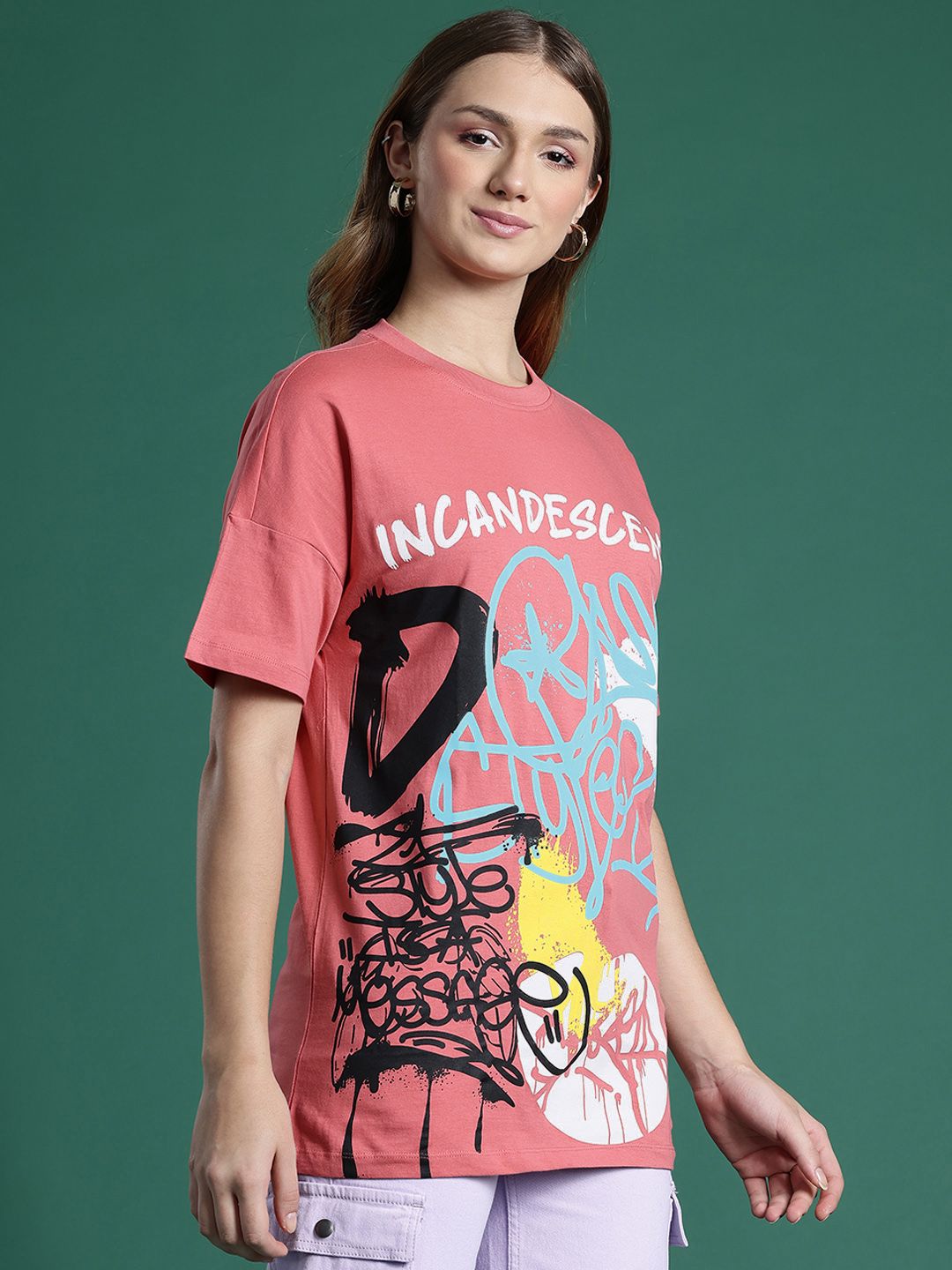 DressBerry Printed Drop-Shoulder Sleeves Pure Cotton Longline T-shirt