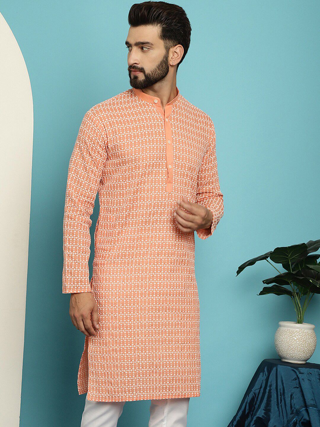 SOJANYA Mandarin Collar Embroidered Pure Cotton Kurta