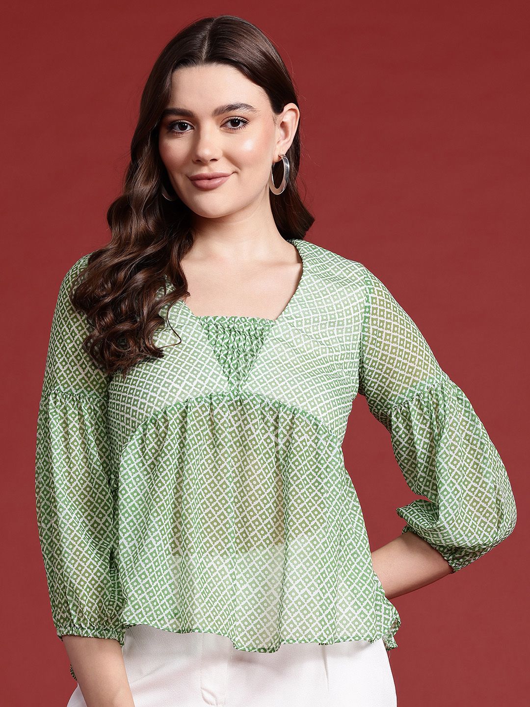 all about you Geometric Print Puff Sleeve Empire Top