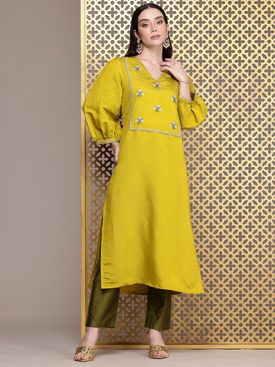 House of Pataudi Ethnic Motifs Embroidered Puff Sleeves Jashn Kurta