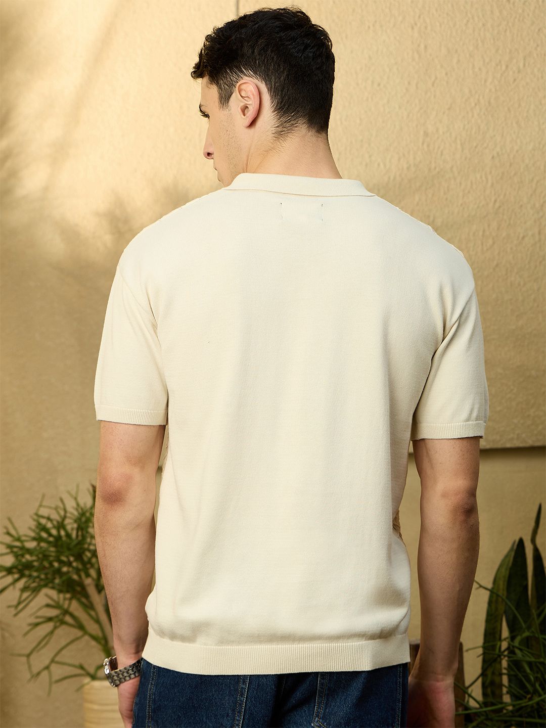 DENNISON Men Textured Polo Collar Knitted T-Shirt