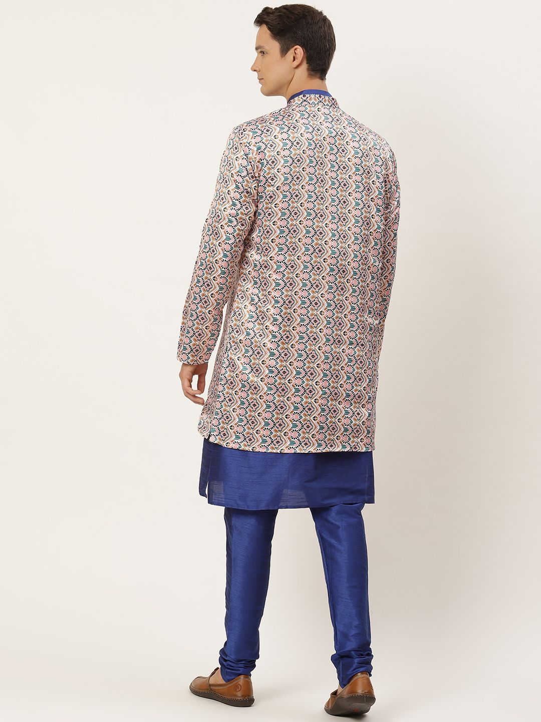 SOJANYA Men Navy Blue & Pink Kurta with Churidar