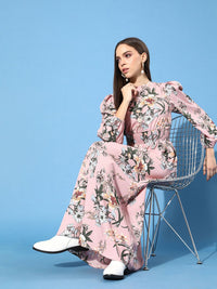 Berrylush Women Pretty Pink Floral Cinched Waist Dress