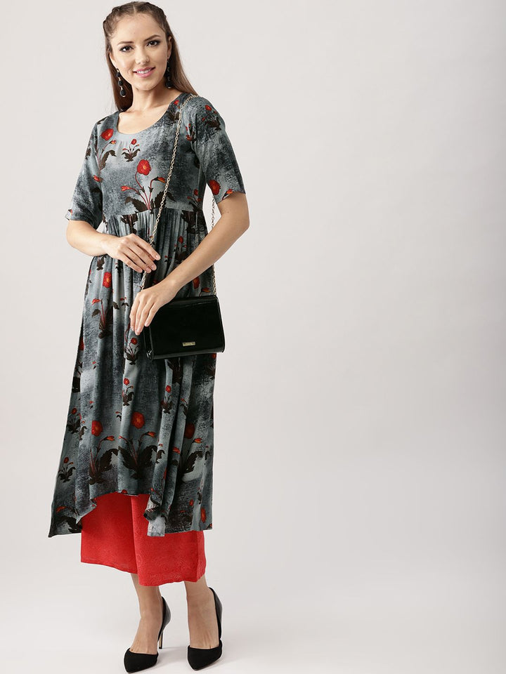 Libas Women Charcoal Grey & Coral Red Printed Kurta with Palazzos