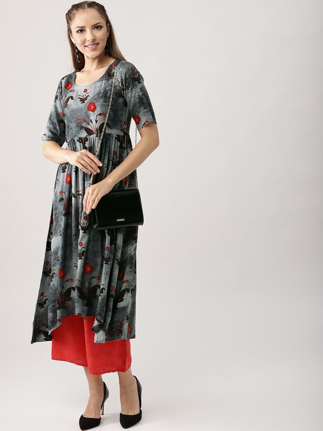 Libas Women Charcoal Grey & Coral Red Printed Kurta with Palazzos