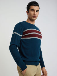 Raymond Men Teal Blue Striped Pullover