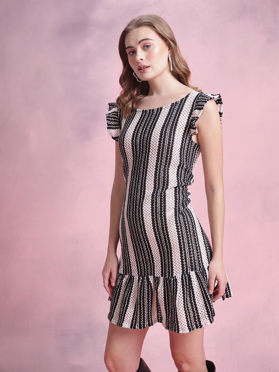 DressBerry Striped Flutter Sleeve Crochet A-Line Mini Dress