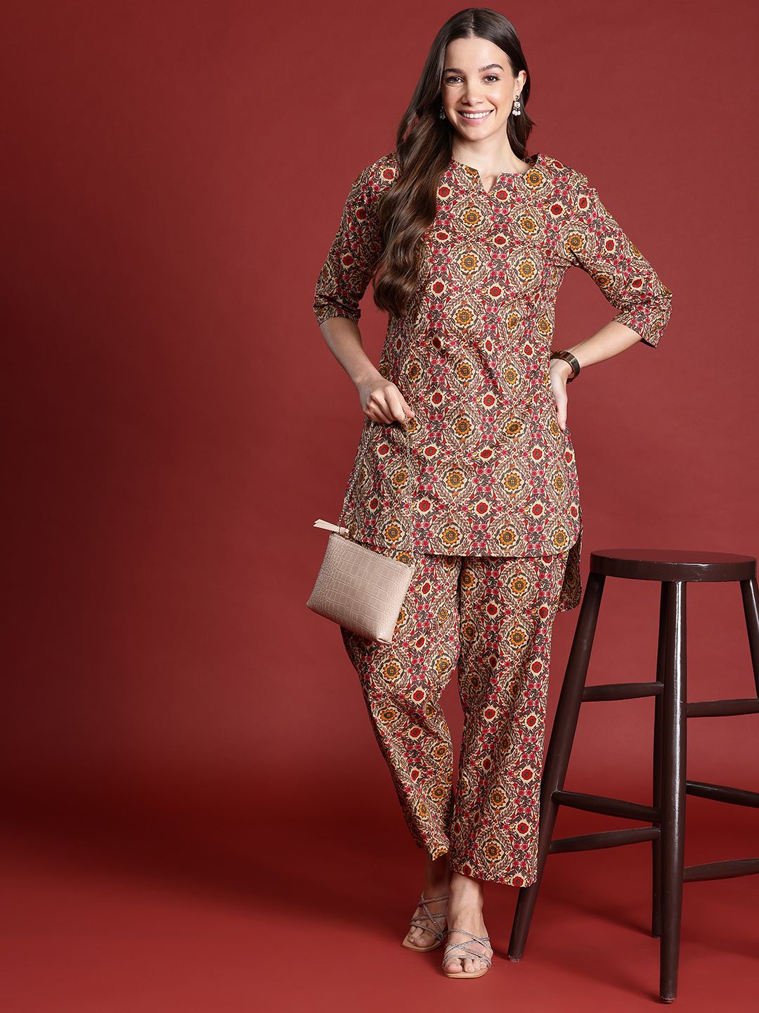 Anouk Floral Print Pure Cotton High-Low Kurta with Trousers
