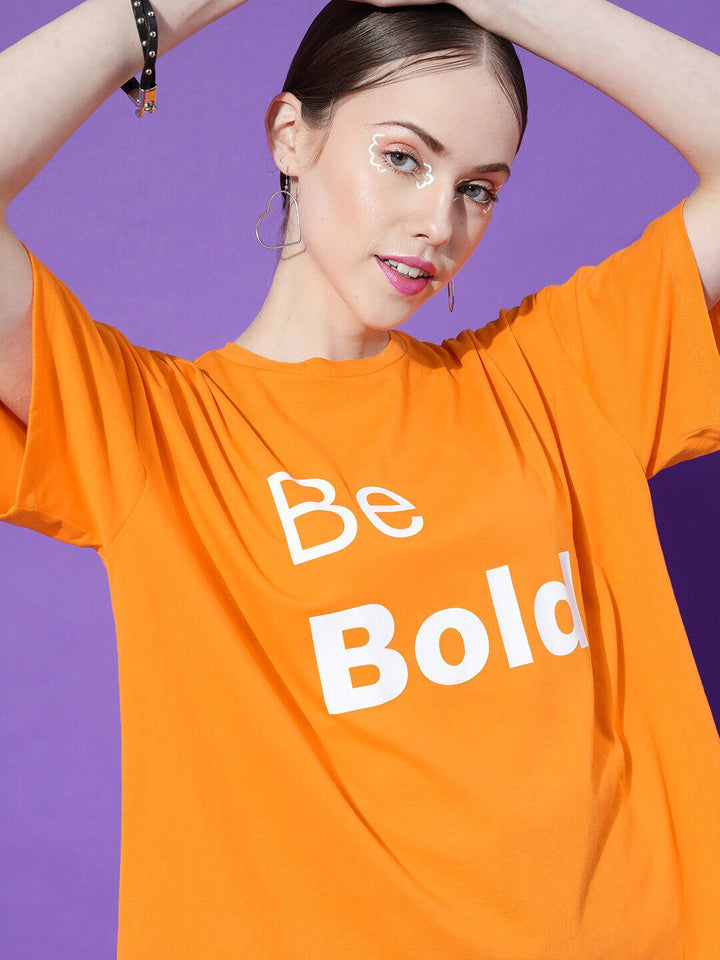 STREET 9 Women Orange Printed Oversized Pure Cotton Outdoor T-shirt