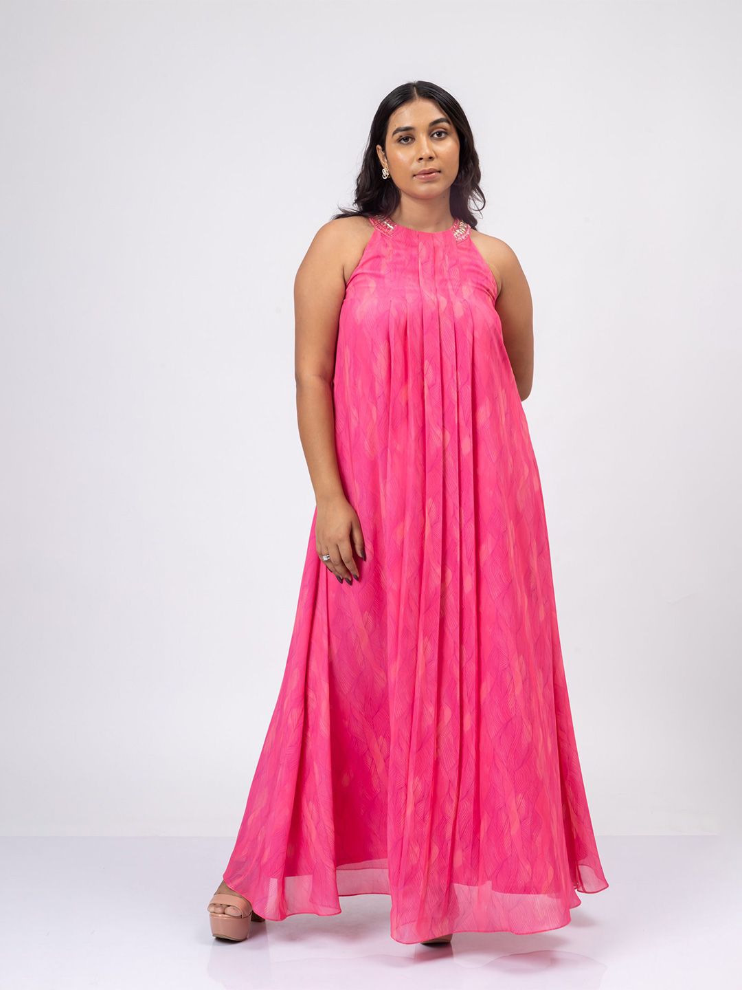 Pakaian Maxi Georgette Leher Halter Bercetak Bunga Mamicha Wanita