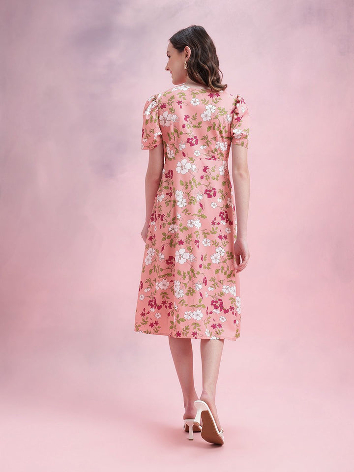 DressBerry Floral Print Puff Sleeves A-Line Midi Dress with Mock Buttons