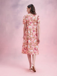 DressBerry Floral Print Puff Sleeves A-Line Midi Dress with Mock Buttons