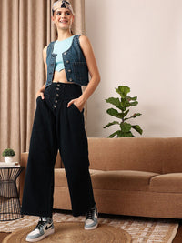 STREET 9 Women Comfort Wide Leg Cotton High-Rise Jeans