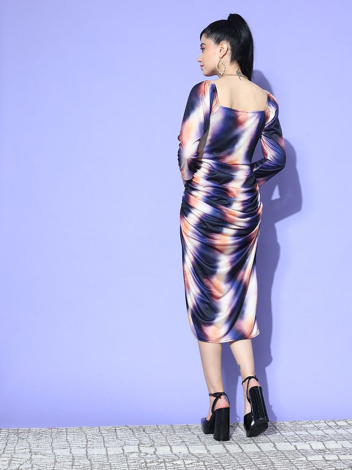 Antheaa Printed Puff Sleeve Sheath Midi Dress