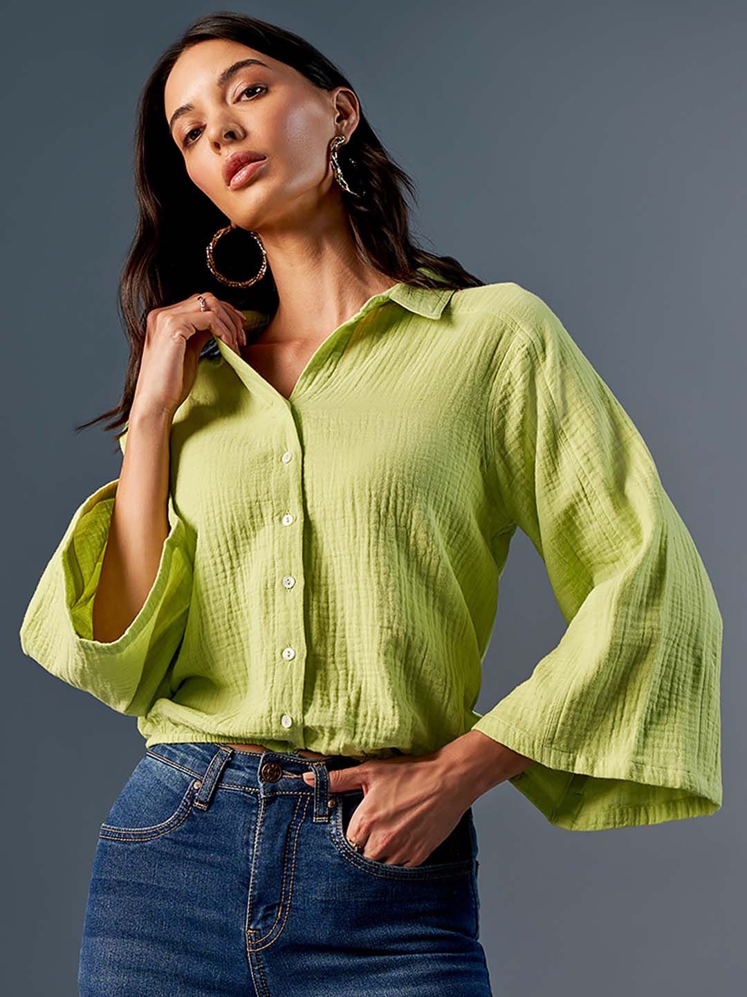 AND Self Design Flared Sleeve Pure Cotton Shirt Style Top